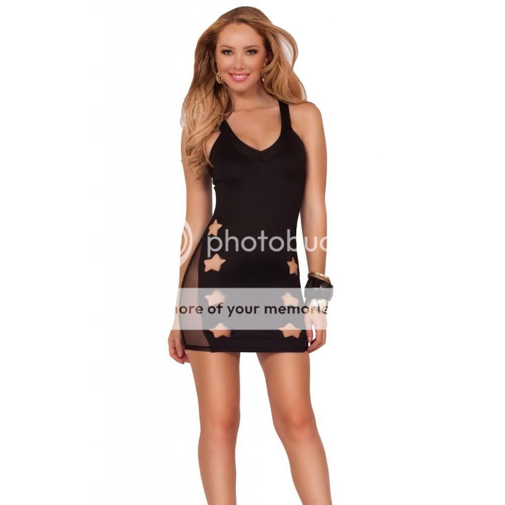 Hot From Hollywood Sexy Sleeveless X-strap Back Sheer Panel Laser Cut Stars Fitted Clubwear Dress
