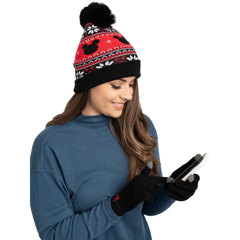 Disney Adult Disney Mickey Mouse Knit Beanie Hat & Touch Screen Gloves Unisex Black Set