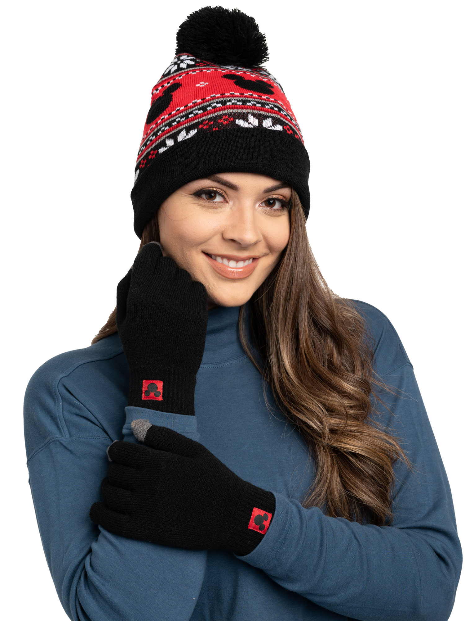Disney Adult Disney Mickey Mouse Knit Beanie Hat & Touch Screen Gloves Unisex Black Set