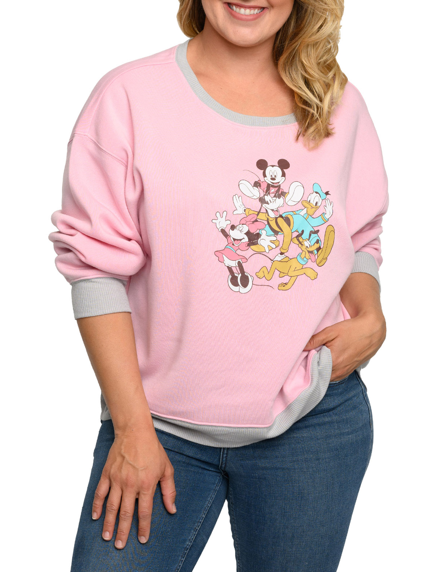 Disney Womens Plus Size Mickey Mouse Friends Fleece Long Sleeve Sweatshirt Pink
