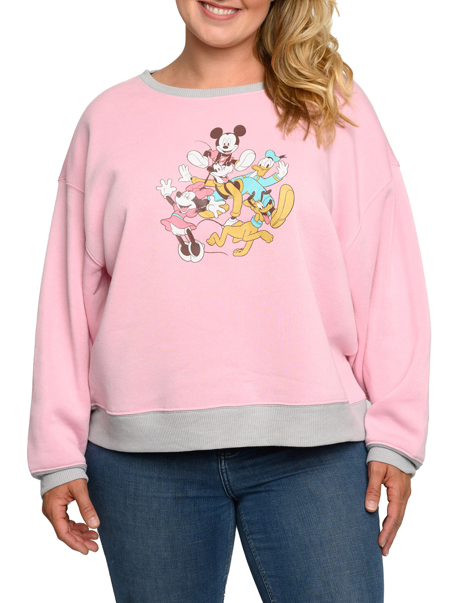 Disney Womens Plus Size Mickey Mouse & Friends Fleece Long Sleeve Sweatshirt Pink Grey