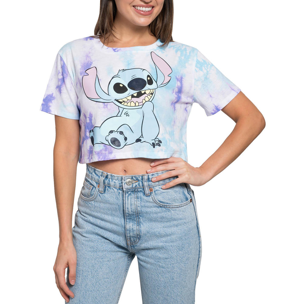 Disney Juniors Women's Disney Stitch Relaxing Short Sleeve Crop Top T-Shirt Tie-Dye