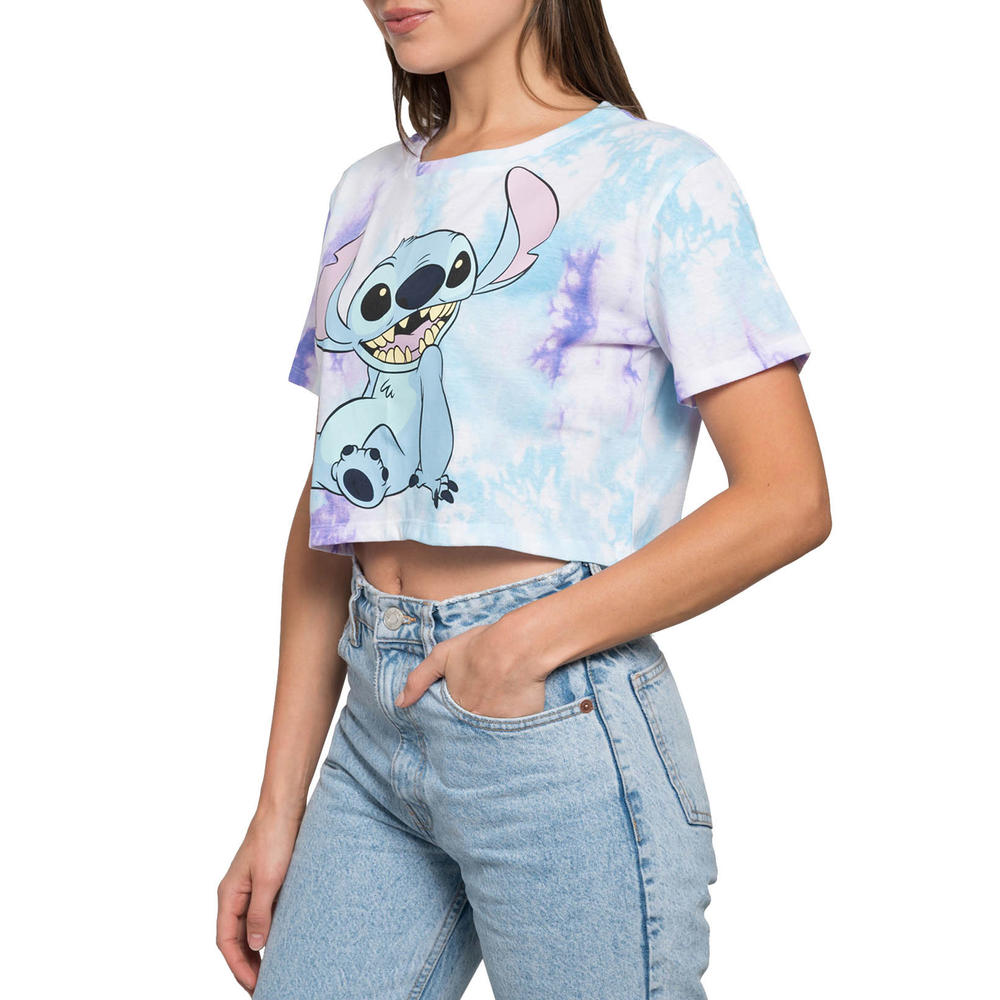 Disney Juniors Women's Disney Stitch Relaxing Short Sleeve Crop Top T-Shirt Tie-Dye