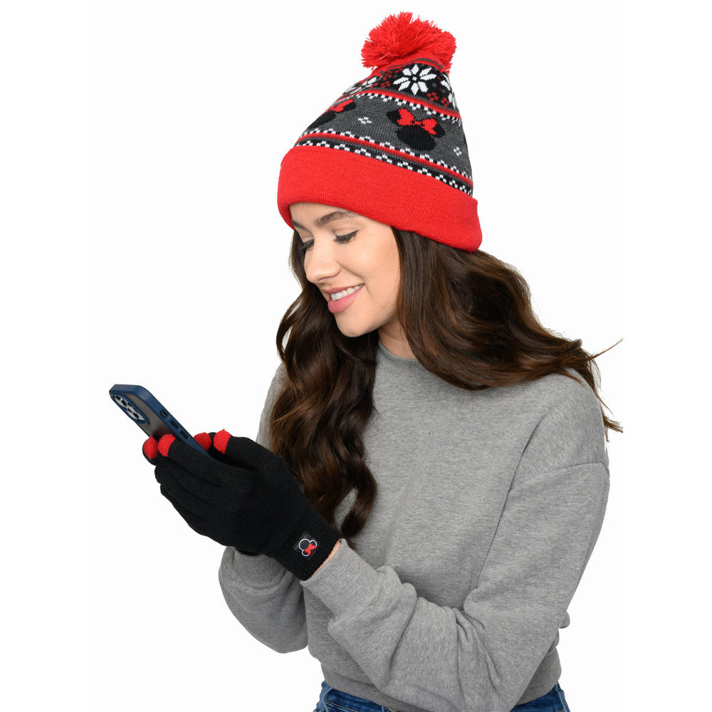 Disney Minnie Mouse Beanie Hat with Gloves Touch Screen Disney Women's Knit Red Set