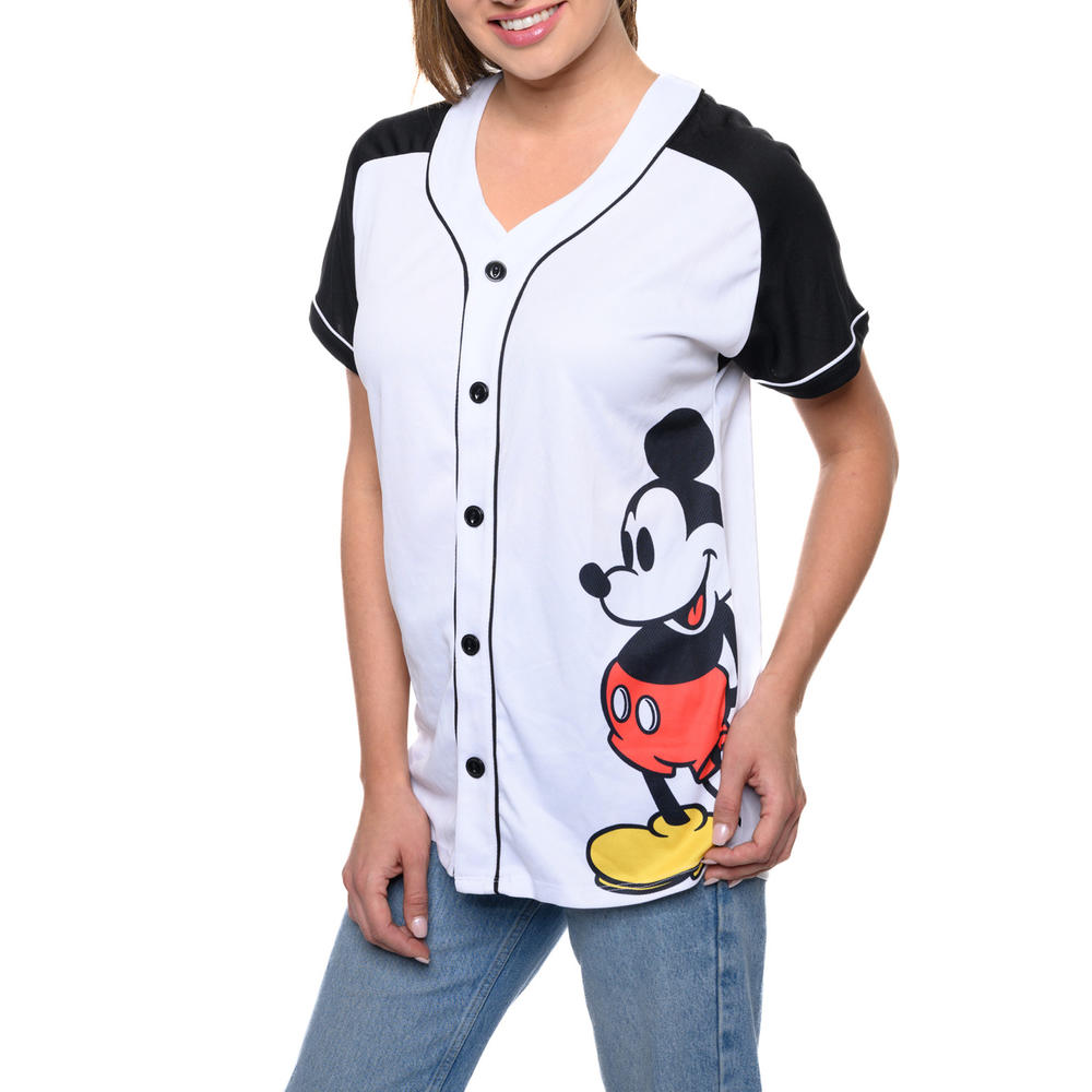 Disney Women's Mickey Mouse Baseball Jersey Shirt White Button Down