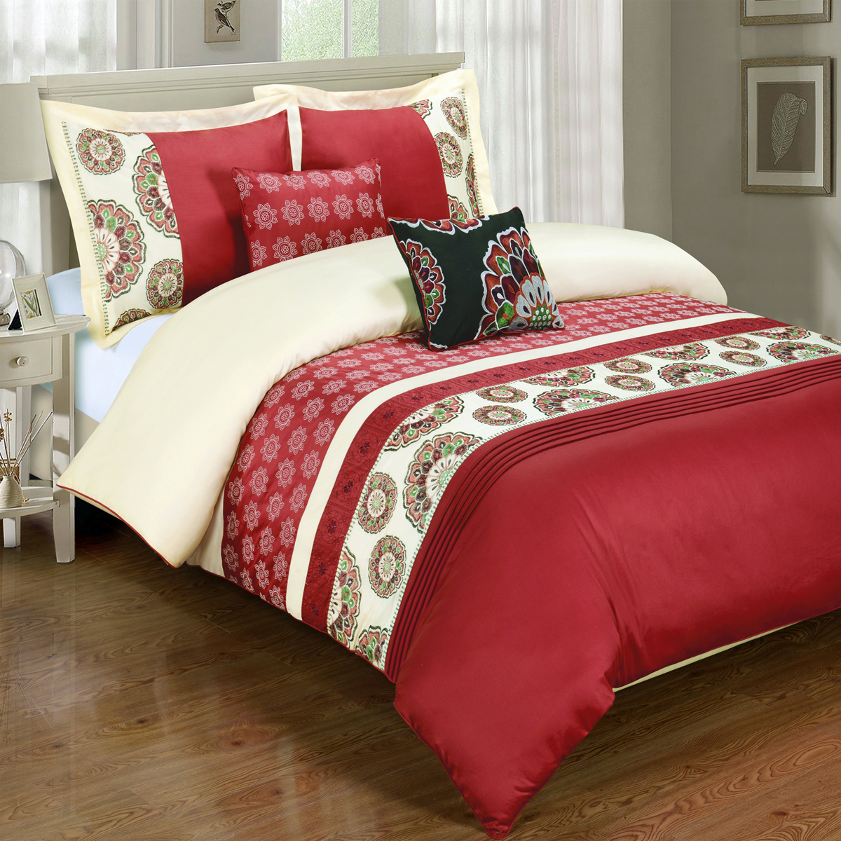 GoLinens Luxury 100% Cotton 5 Piece Red Embroidered Duvet Cover Set with Pillow Shams