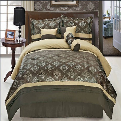 GoLinens Luxury Chocolate, Beige and Gold Embroidery Down Alternative 11 Piece Duvet - Sheet - Comforter Set