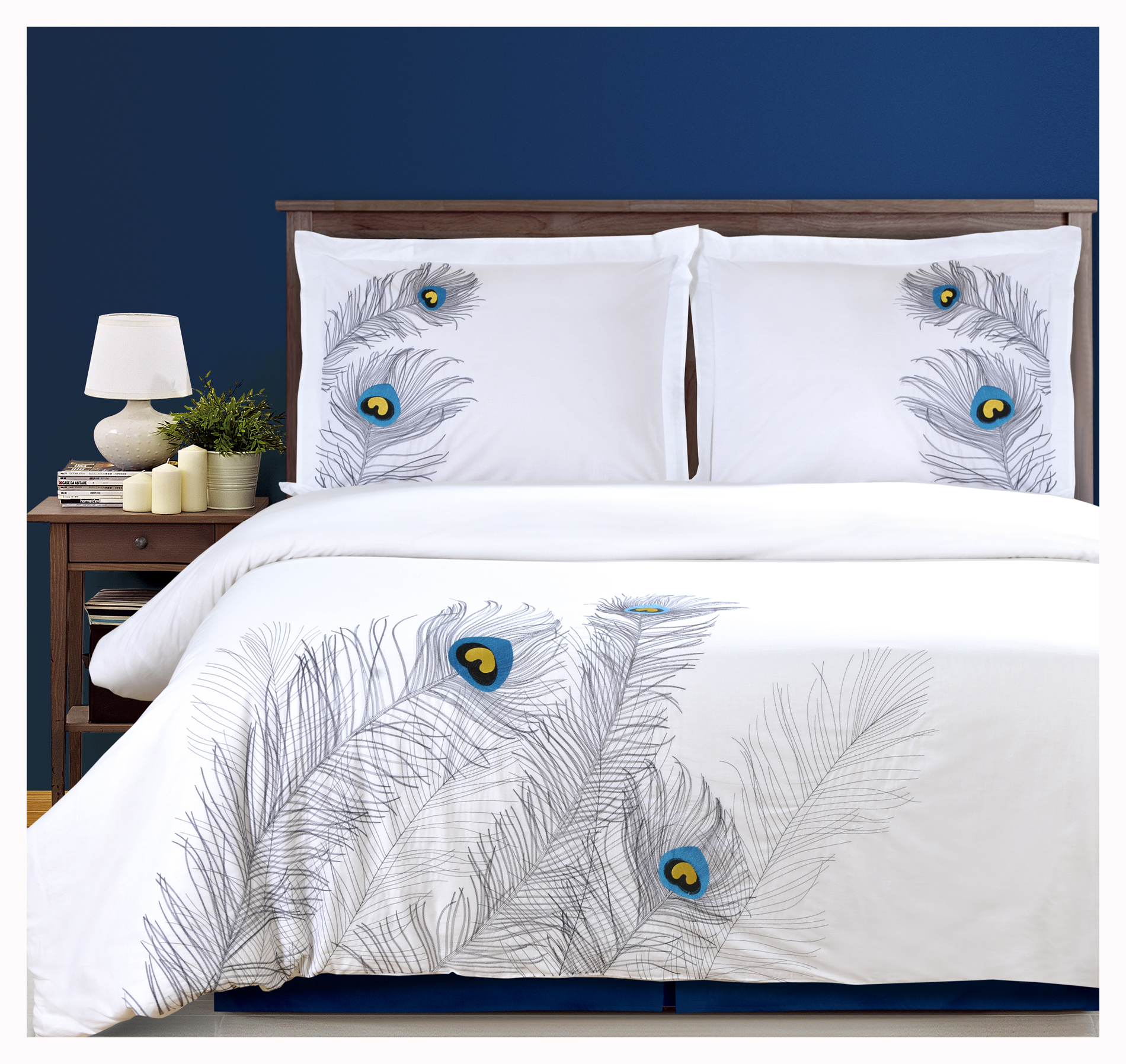 IMPRESSIONS Duvet Cover Set With Pillow Shams, Embroidered Feather PEACOCK Design