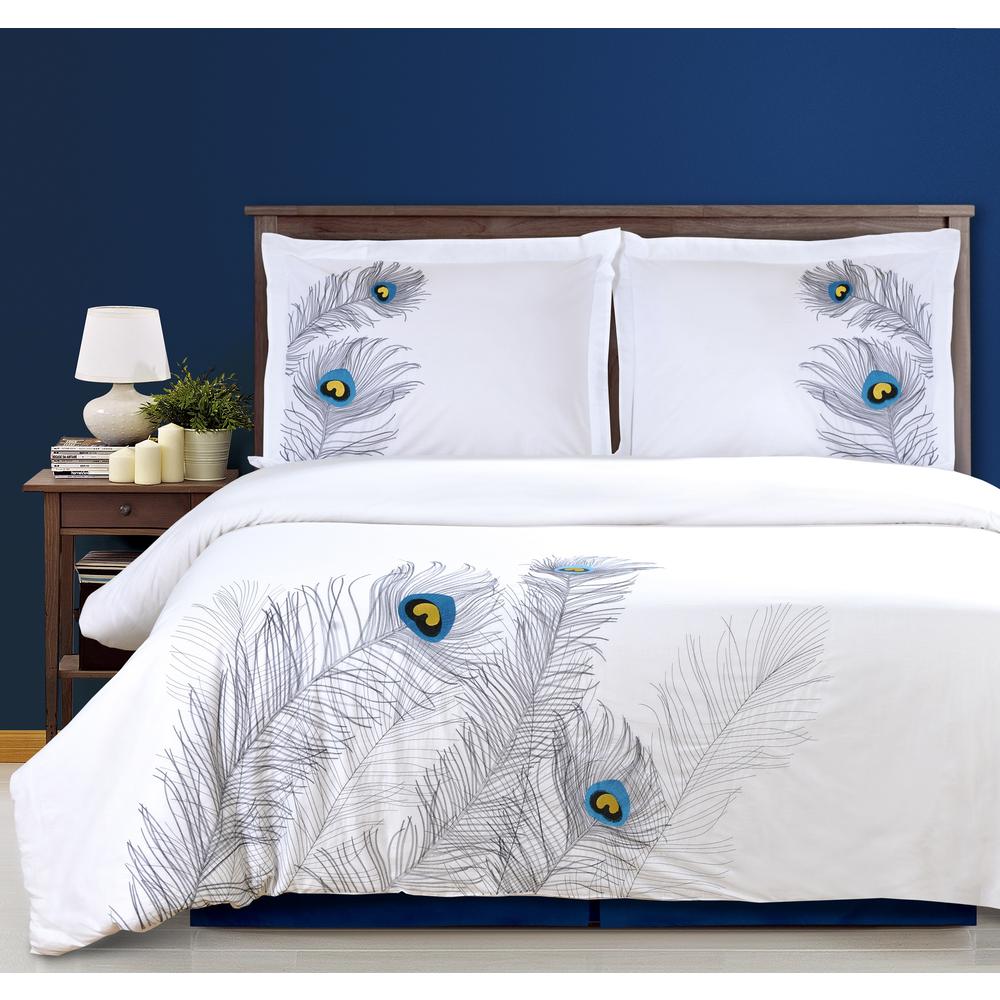 IMPRESSIONS Duvet Cover Set With Pillow Shams, Embroidered Feather PEACOCK Design