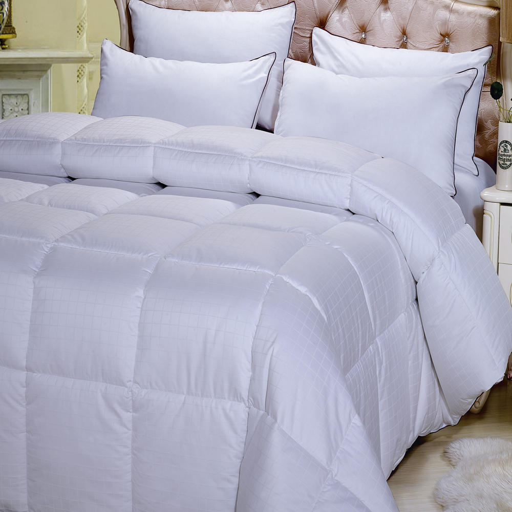 GoLinens Luxury  High Loft Premium Cotton Goose DOWN ALTERNATIVE Hypoallergenic Comforter With Box Stitch Design - White Dobby Checkered