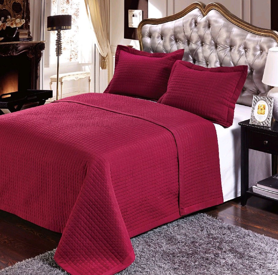GoLinens Luxury Burgundy Checkered Quilted Wrinkle Free Microfiber 3 Piece Coverlets Set