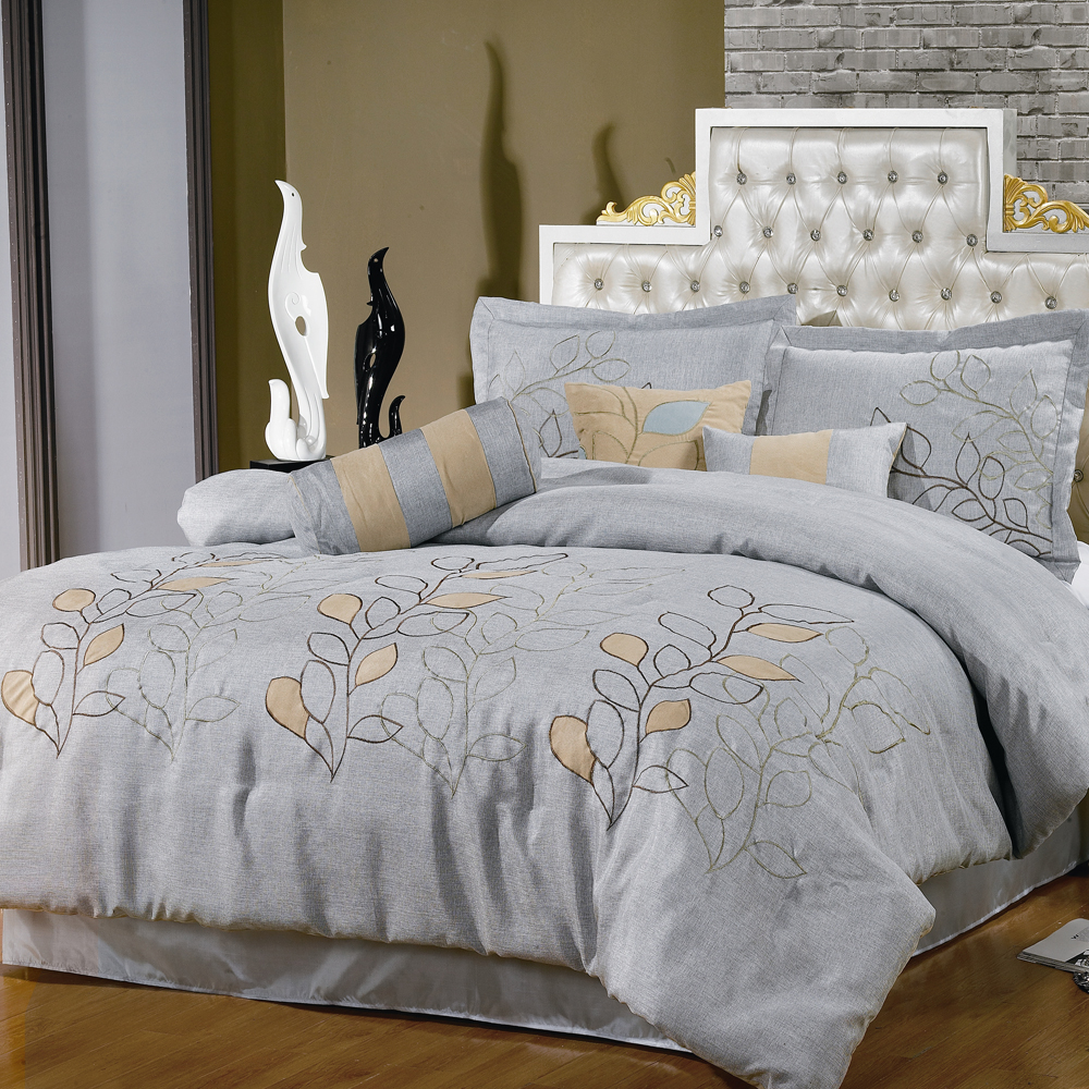 GoLinens Luxury Silver Linen with Brown Stitching and Beige Suede Leaf Pattern 11-Piece Comforter Set