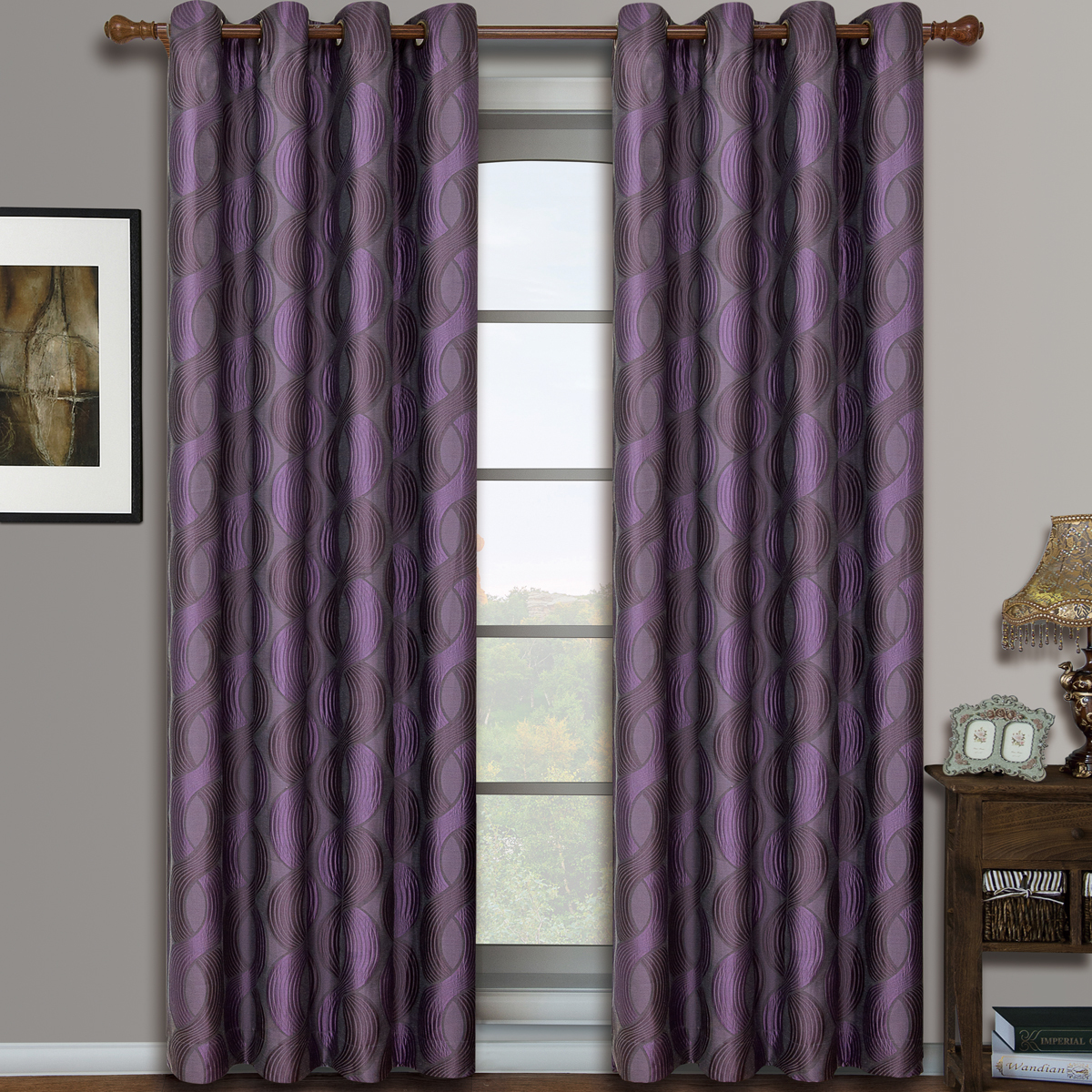 GoLinens Luxury  Pair (Set of 2) Jacquard Grommet Window Curtain Panels - Purple