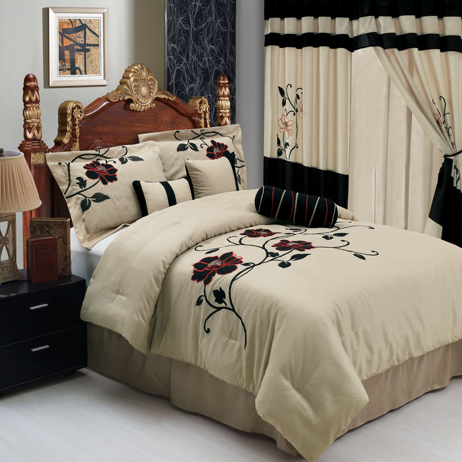 GoLinens Luxury Beige Black and Orange Lines 7-Piece Comforter Set