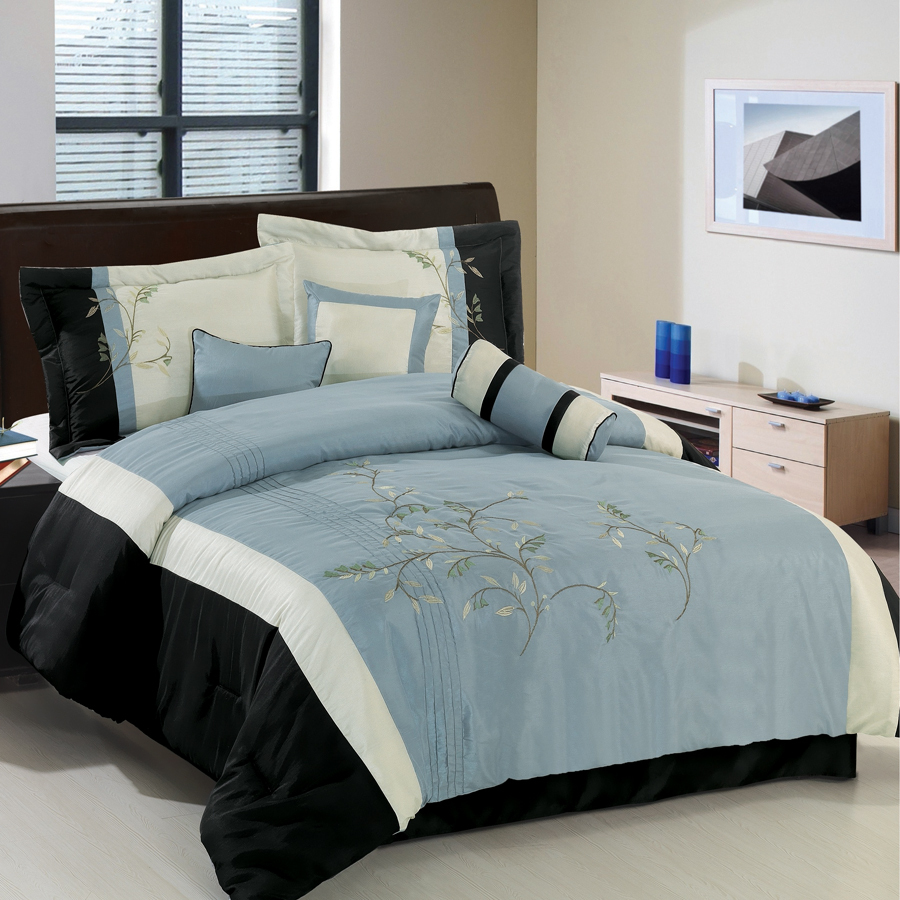 GoLinens Luxury BLACK, IVORY and BLUISH GRAY 7-Piece Bedding Set  [Includes Comforter, Skirt, Pillows, etc]