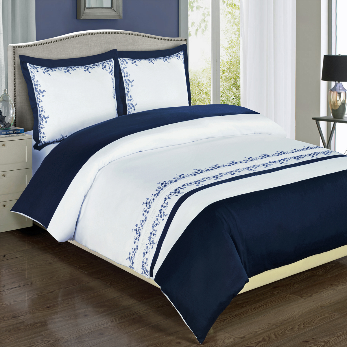 GoLinens Luxury Premium Extra Long Staple Combed Cotton 4 Piece Navy Blue Embroidered Duvet Cover Set with Comforter  Pillow Shams