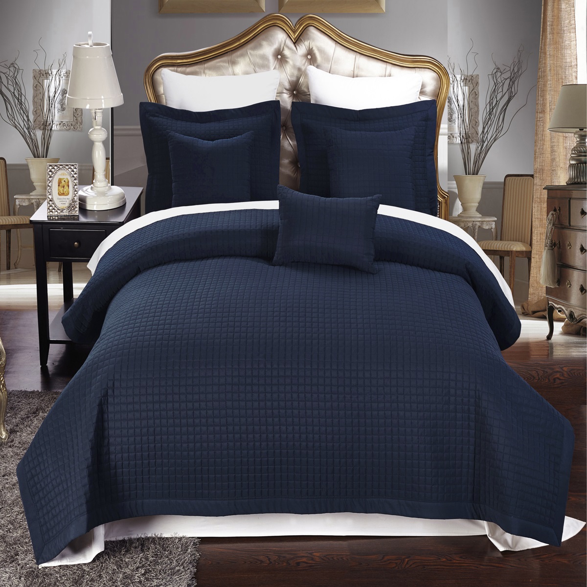 GoLinens Luxury Navy Checkered Quilted Wrinkle Free Microfiber 6 Piece Coverlets Set