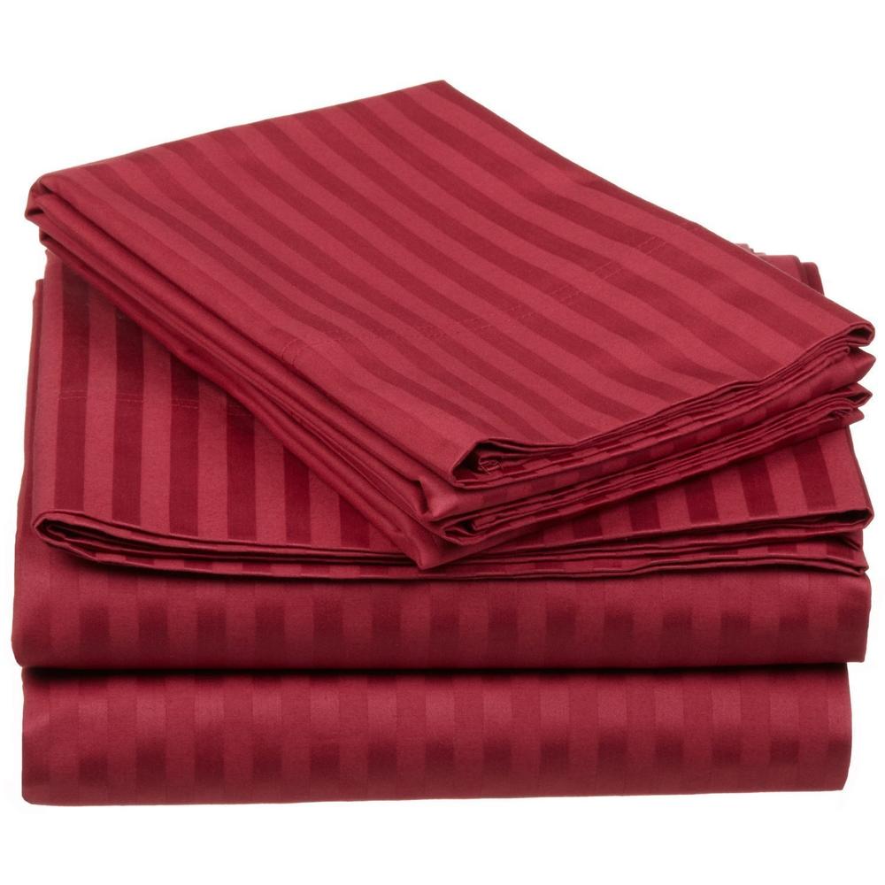 GoLinens Luxury 300 Thread Count 100%  Combed Giza Cotton Bed Sheet Set - Stripe / Striped Pattern - Twin XL - Burgundy