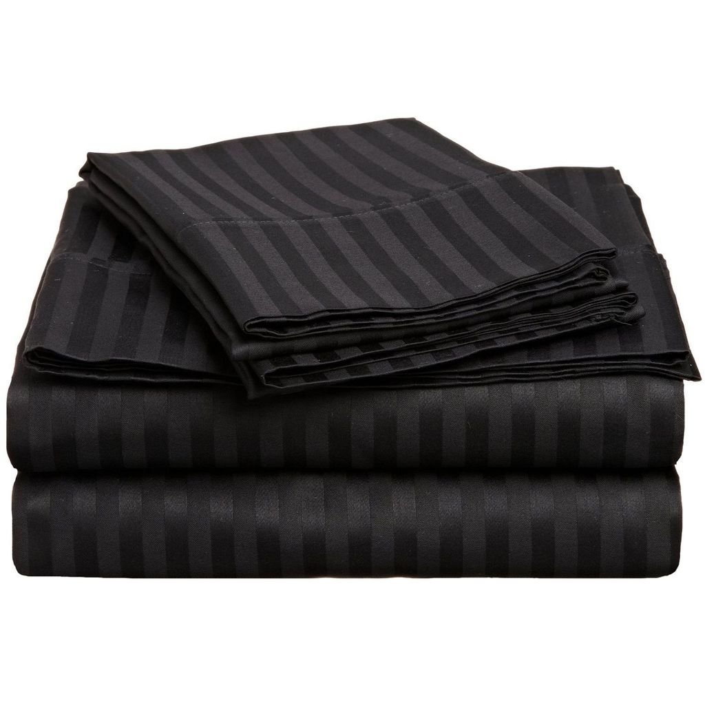 GoLinens Luxury 300 Thread Count 100%  Combed Giza Cotton Bed Sheet Set - Stripe / Striped Pattern - California King - Black