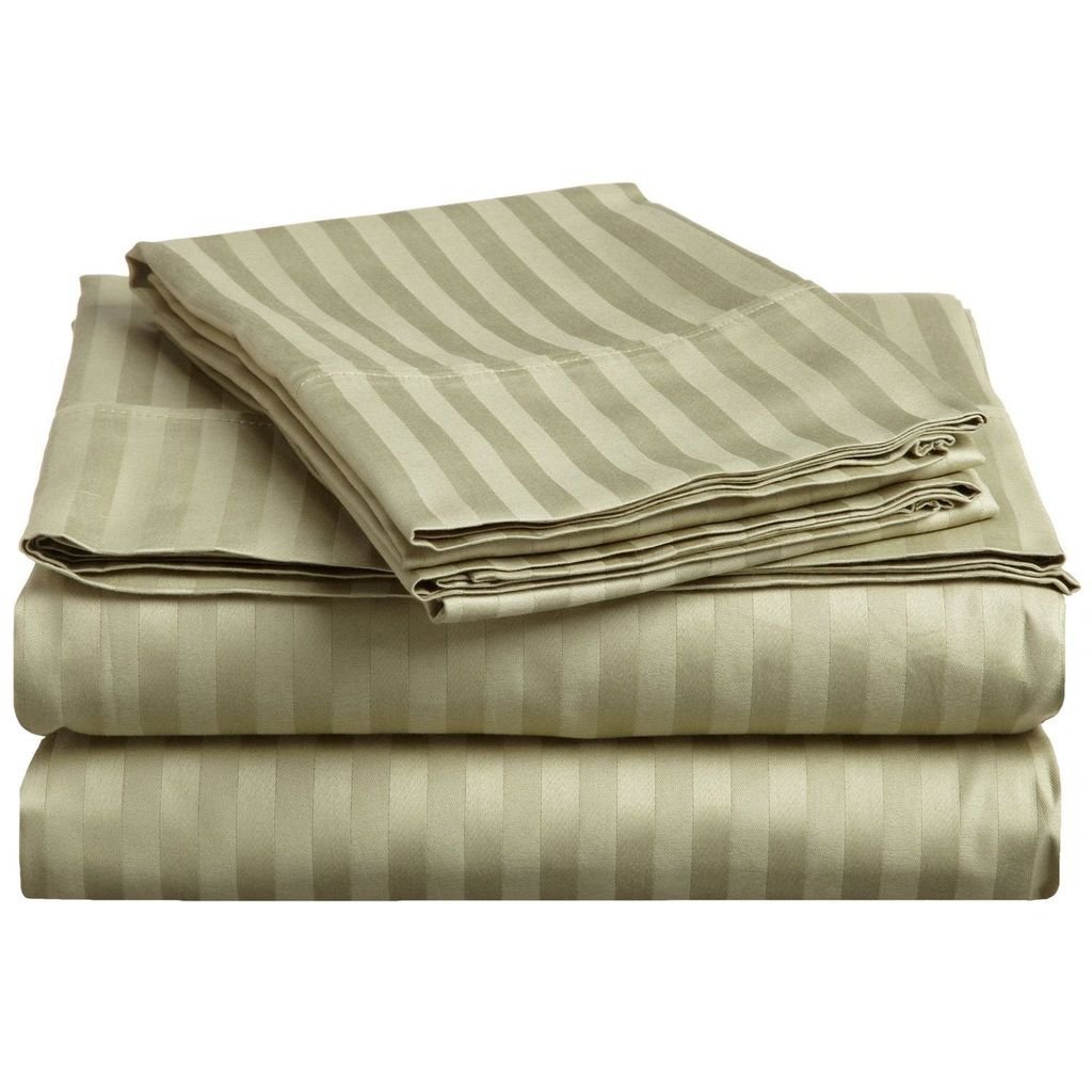 GoLinens Luxury 300 Thread Count 100%  Combed Giza Cotton Bed Sheet Set - Stripe / Striped Pattern - California King - Sage
