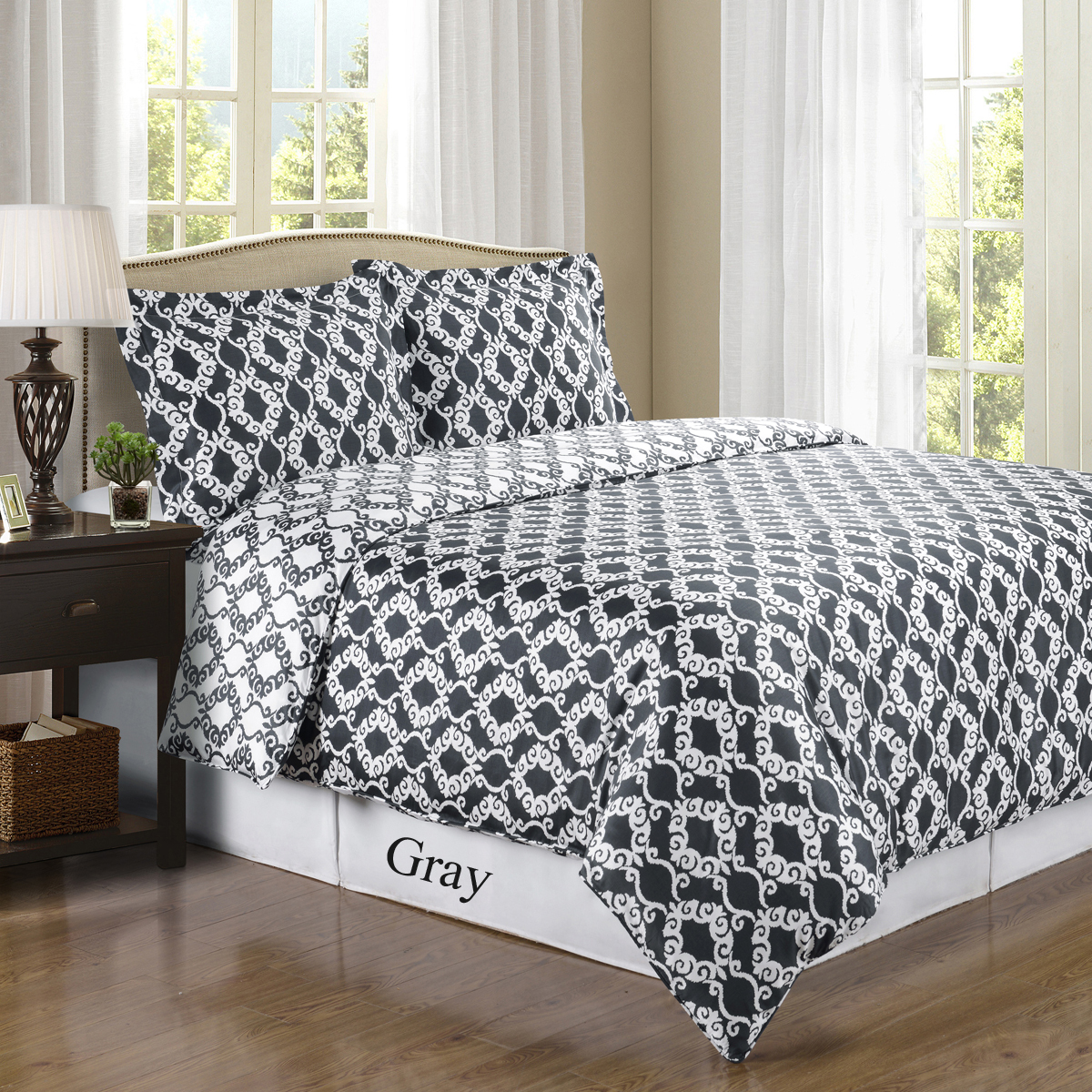 GoLinens Gray / White Silky Soft 100% Premium  Combed Cotton Reversible Down Alternative Comforter with Pillow Shams - Full - Grey