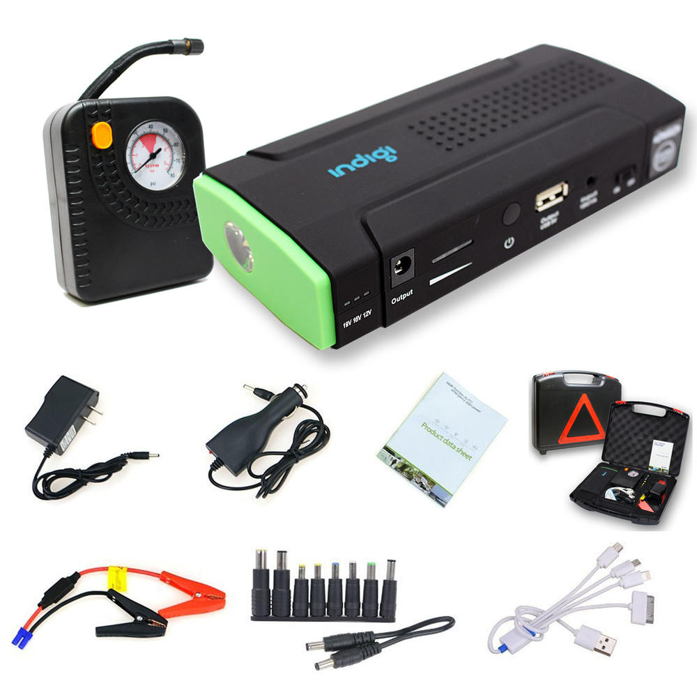 IndigiÂ® Multi-Function Vehicle Jump Starter + Tire Compressor + Power Bank Charger w/ adapters and bonus Heavy Duty case