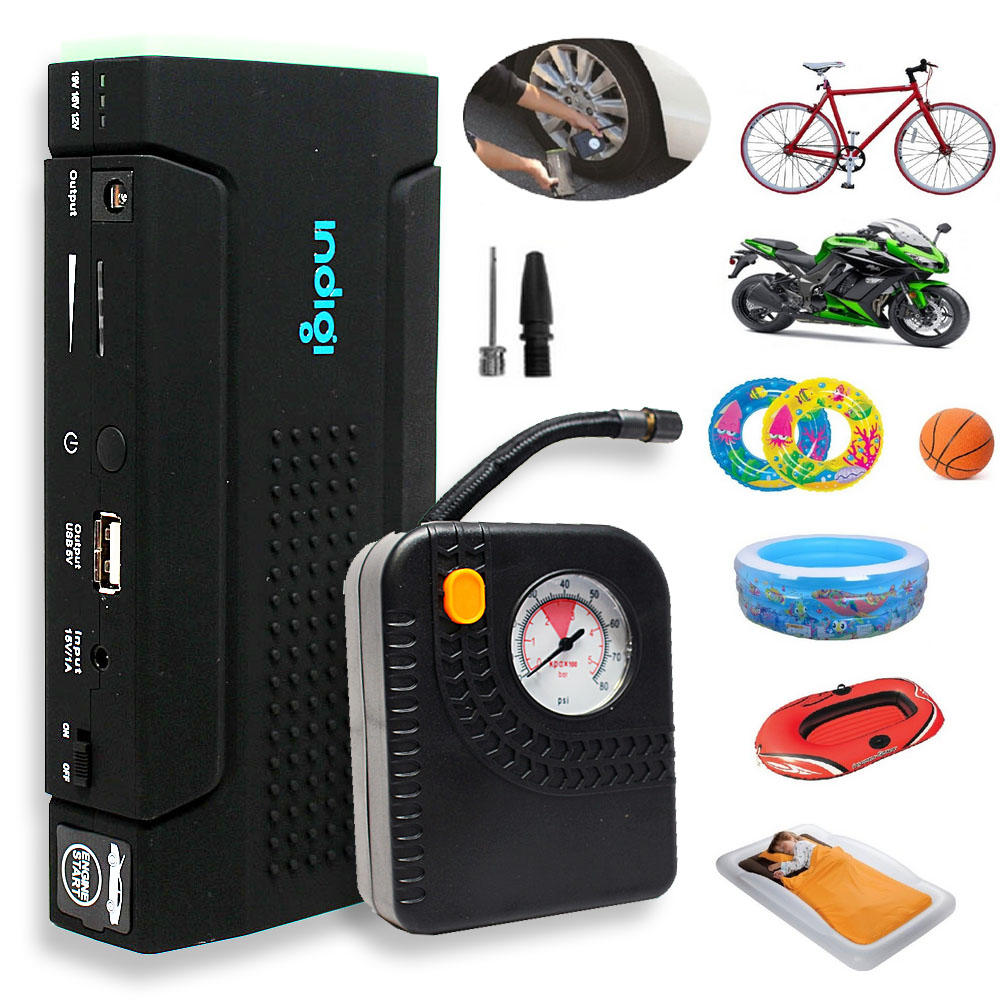 IndigiÂ® Multi-Function Vehicle Jump Starter + Tire Compressor + Power Bank Charger w/ adapters and bonus Heavy Duty case