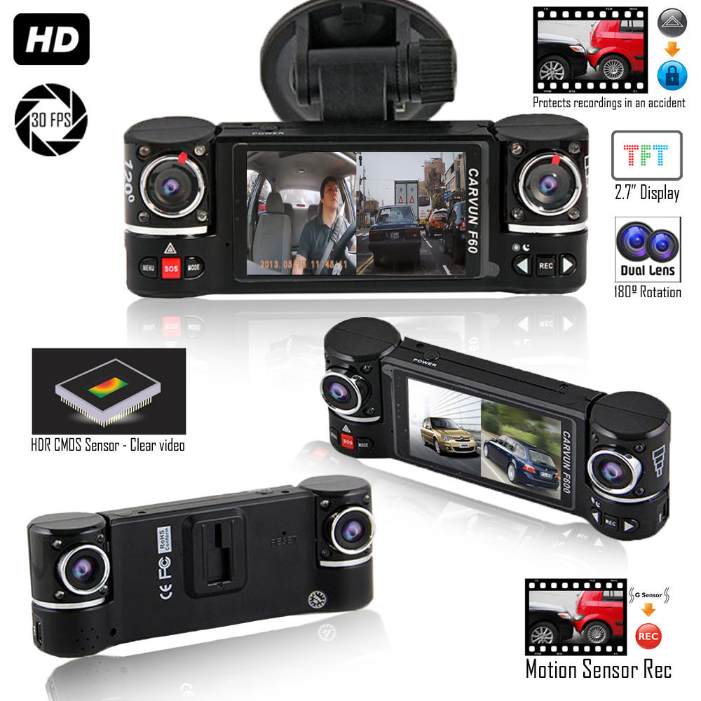Indigi HD Dash Cam DVR @ 30fps + 2.7" LCD + Dual Rotating lens + File Protection, G-Sensor Activation