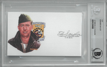 Athlon Sports Lt Colonel Ed Saylor signed 3”x 5” cut signature w/ Image– BAS/Beckett Encapsulated (WWII Doolittle Raiders / B-25B Mitchell)