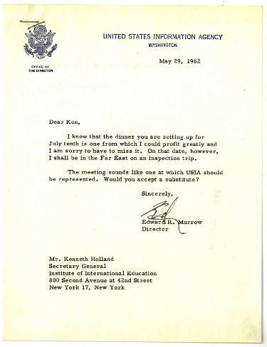 Athlon Sports Edward/Ed R Murrow Signed 1962 US Information Agency Letter -JSA 5/29/62 (Broadcast Journalist/War Correspondent/CBS TV)