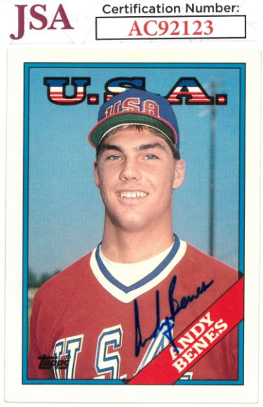 Athlon Sports Andy Benes signed 1988 Topps Traded Team USA Rookie Card (RC) #14T- JSA #AC92123 (On Card Auto)