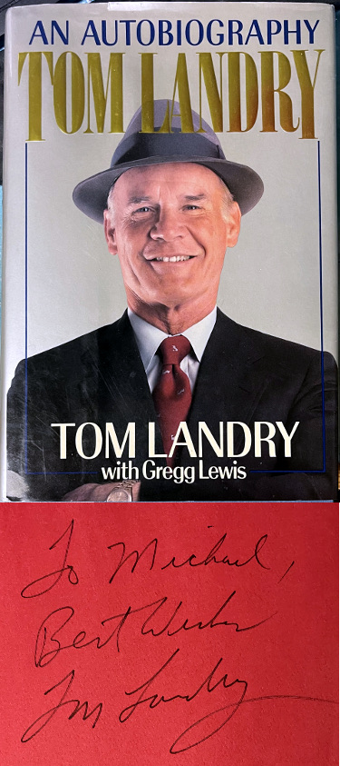 Athlon Sports Tom Landry signed 1990 An Autobiography Hardcover Book Best Wishes, Personalized To Michael- Beckett Review (Cowboys/HOF)