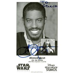 Athlon Sports Ahmed Best signed Jar Jar Binks Star Wars Weekends 4.75x7.75 B&W Photo To Geneva- COA (Disney's Hollywood Studios)