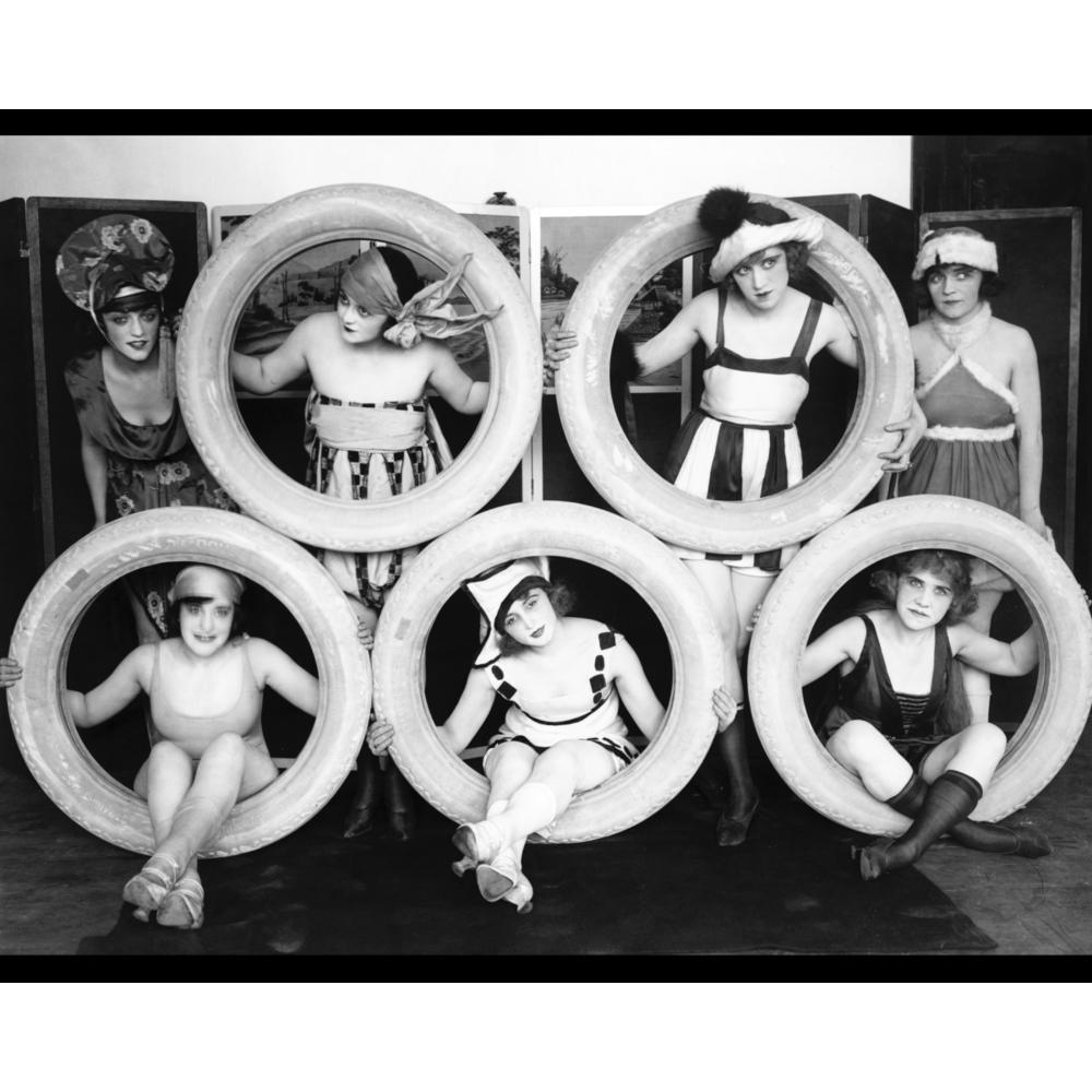 Black Wood Framed Print 16x20:  Mack Sennett Girls In Costumes Posed With Tires, circa... by ClassicPix.com