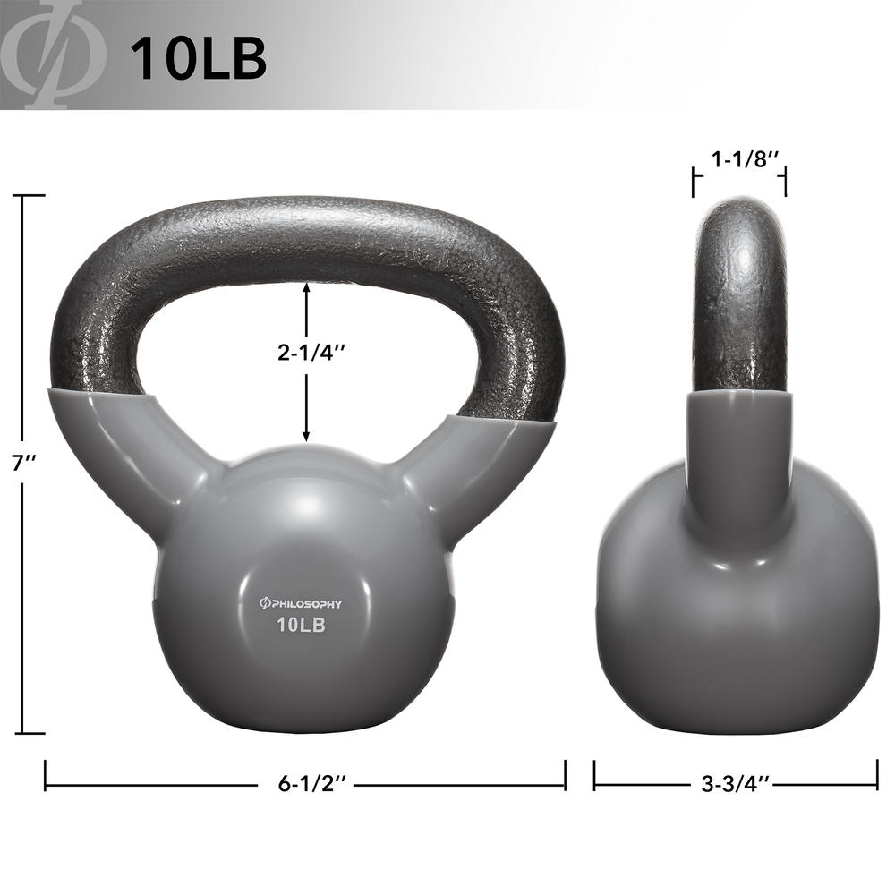 Philosophy Gym Vinyl Coated Cast Iron Kettlebell Weights (Set of 3) - 5 lb, 10 lb, 15 lb - Gray