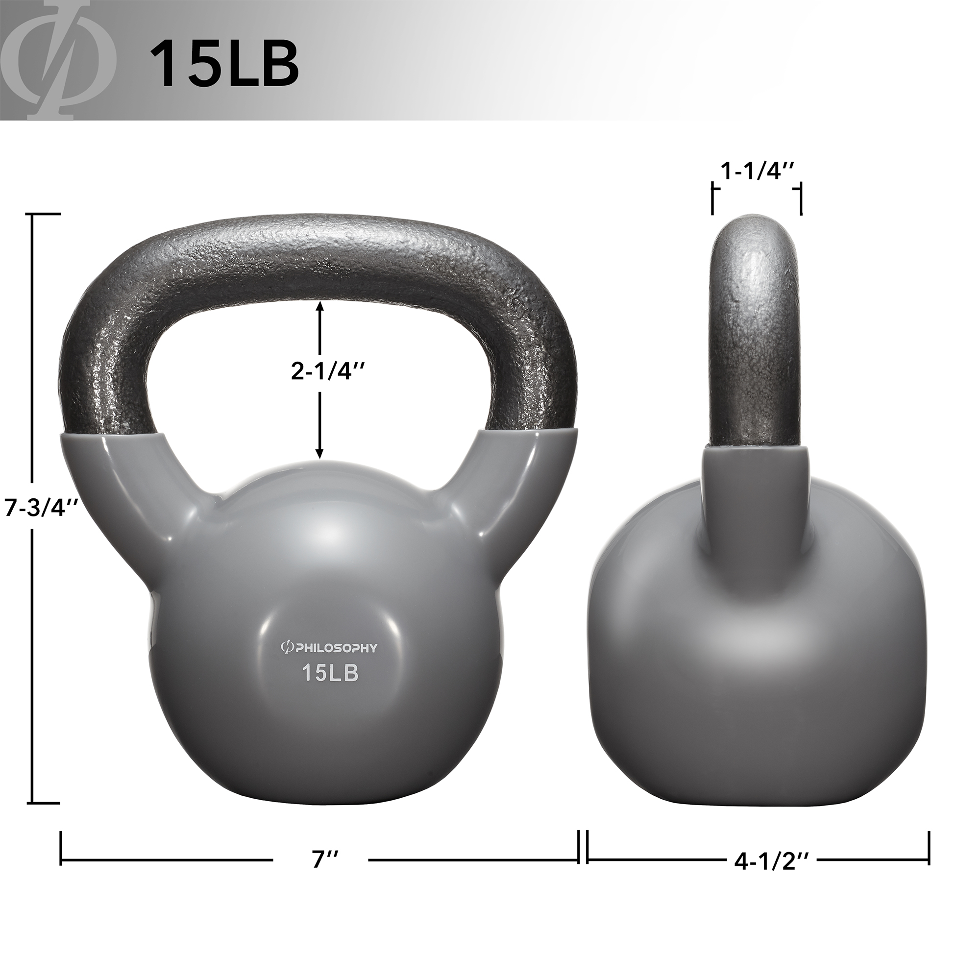 Philosophy Gym Vinyl Coated Cast Iron Kettlebell Weights (Set of 3) - 5 lb, 10 lb, 15 lb - Gray