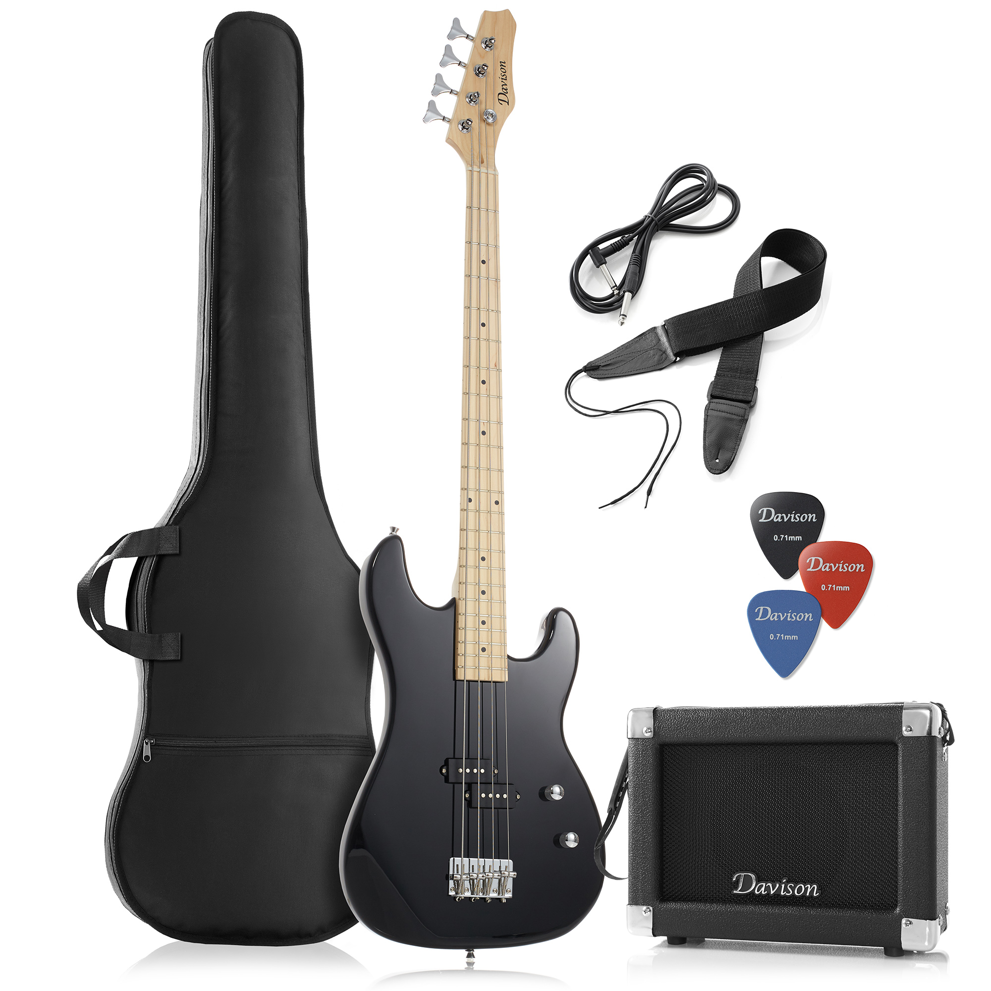 Davison Guitars Full Size Electric Bass Guitar w/ 15-Watt Amp, Black - Right Handed Beginner Kit