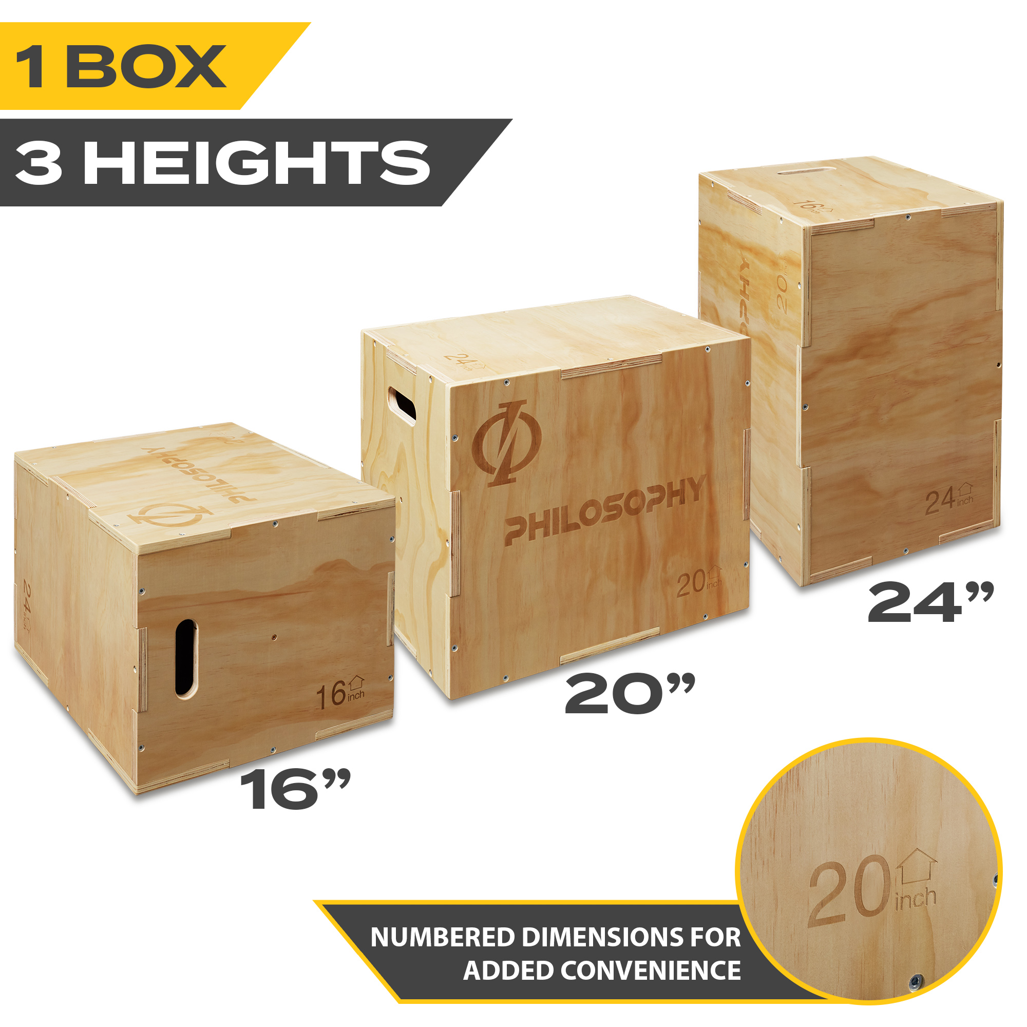 Philosophy Gym 3 in 1 Wood Plyometric Box, 24" x 20" x 16" Jumping Box for Training & Conditioning