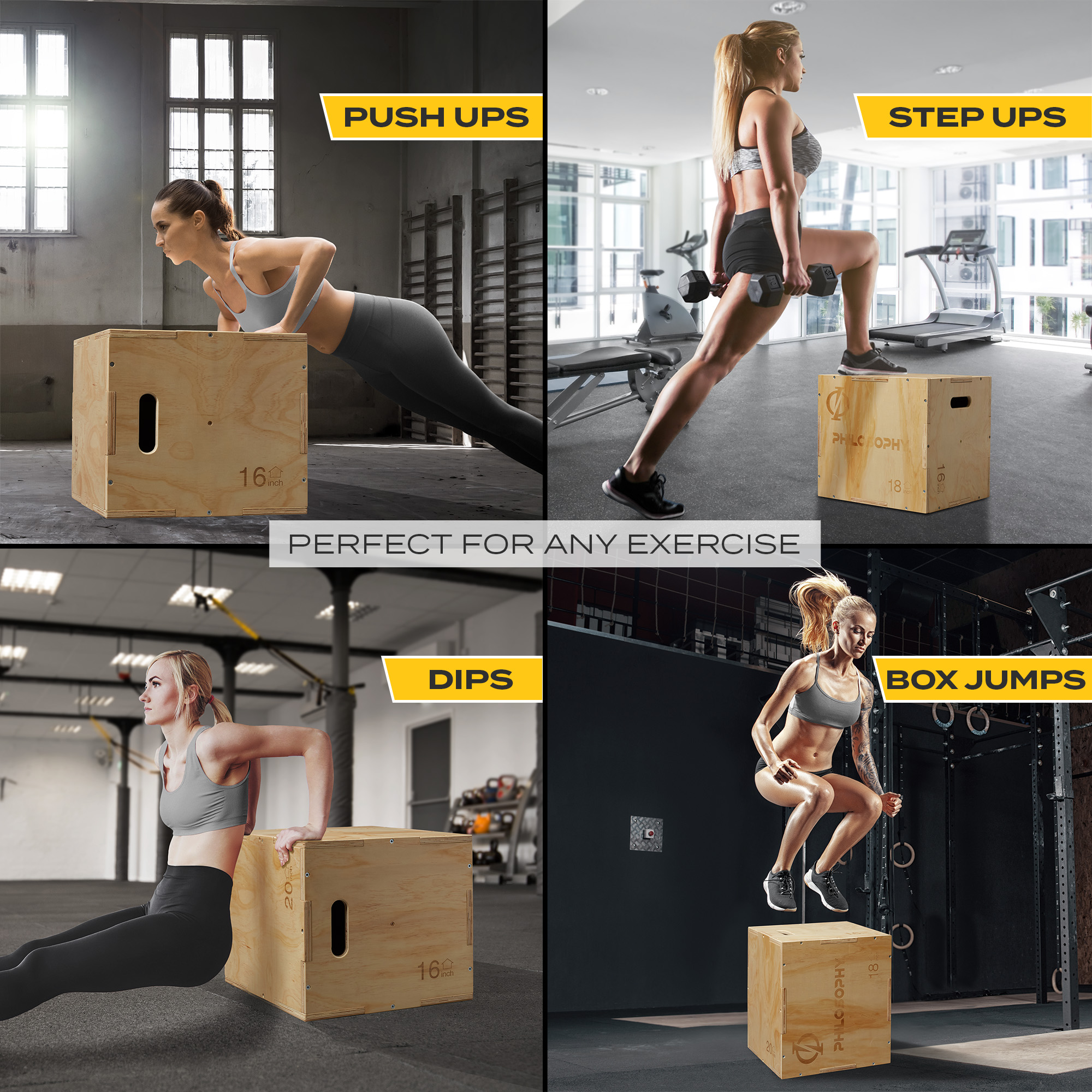 Philosophy Gym 3 in 1 Wood Plyometric Box, 24" x 20" x 16" Jumping Box for Training & Conditioning