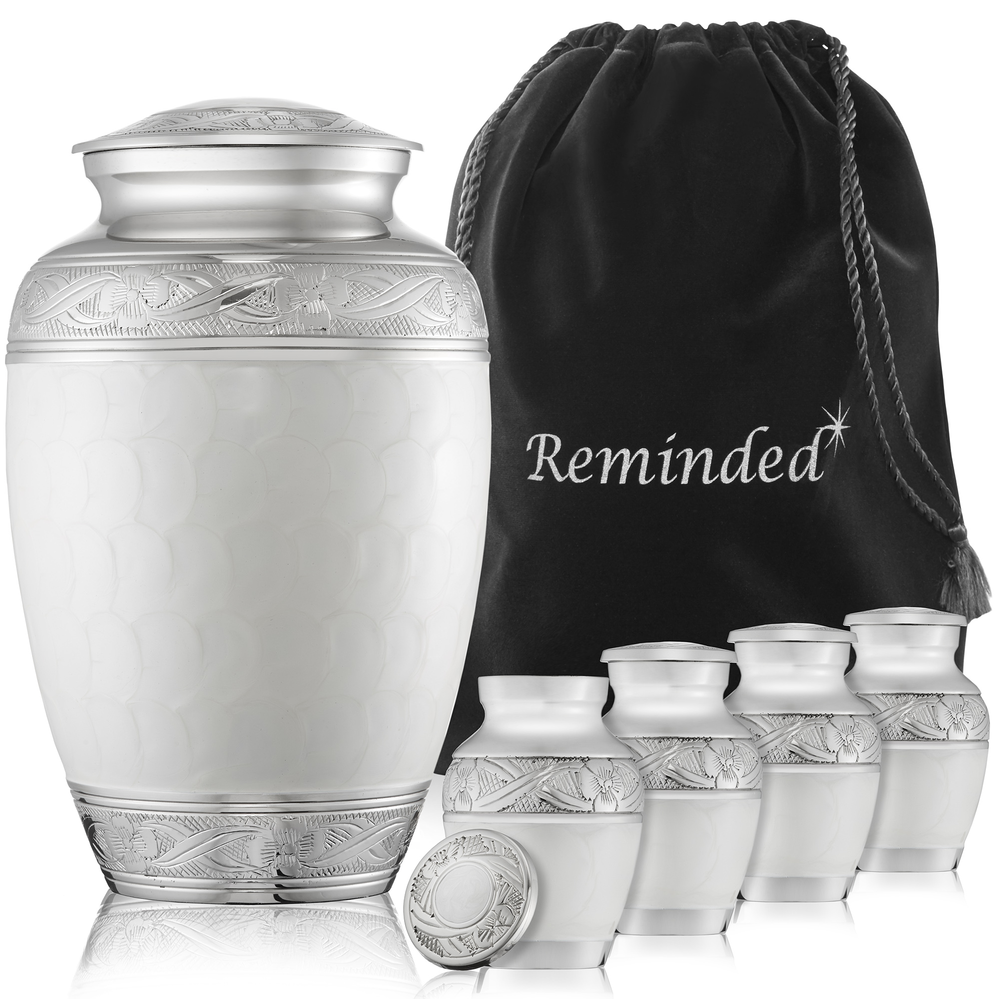 Reminded Set of 5 Decorative Cremation Urns for Human Ashes - 1 Adult + 4 Keepsake, White