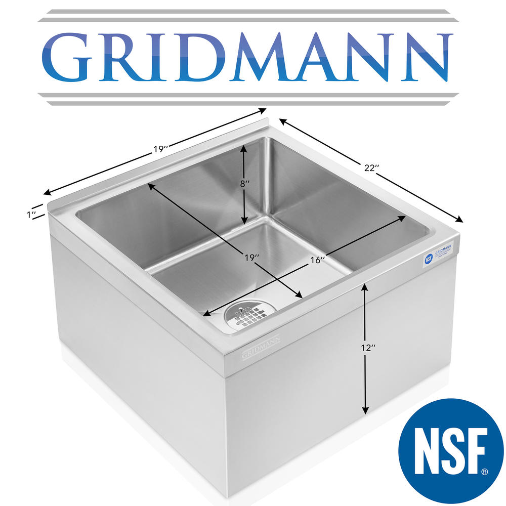 Gridmann Commercial Stainless Steel Floor Mop Sink w Backsplash, NSF - 19x22x12, 8" Basin