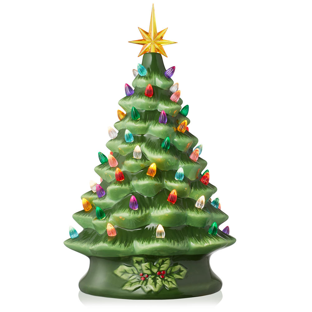 Casafield 15" Pre-Lit Green Ceramic Christmas Tree Hand-Painted Tabletop Decor with Lights