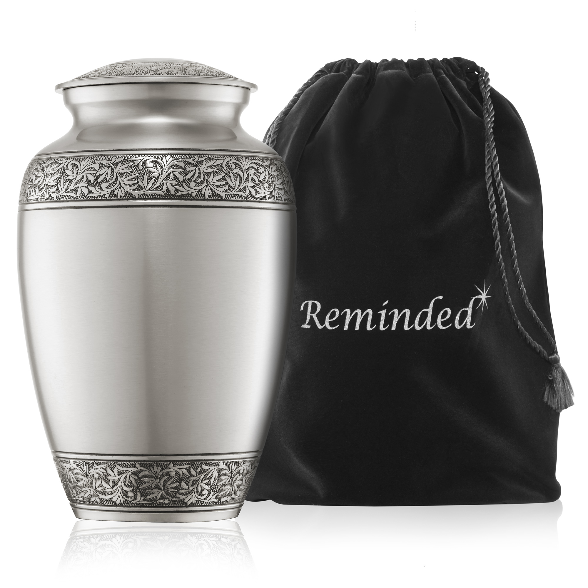 Reminded Adult Cremation Urn for Human Ashes - Silver with Velvet Bag