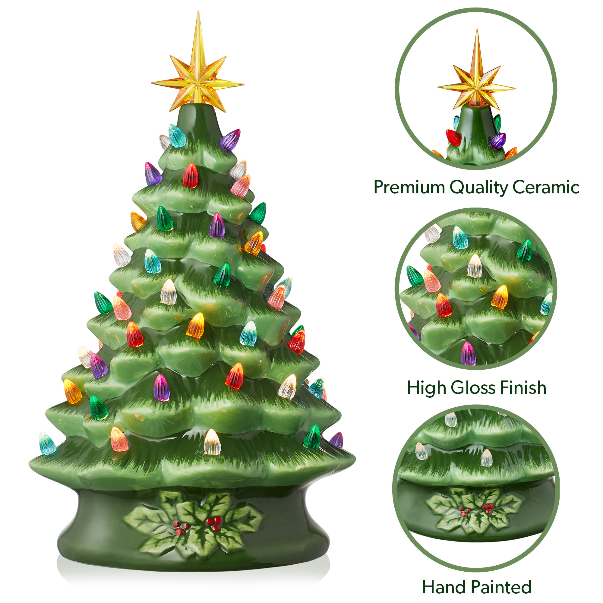 Casafield 15" Pre-Lit Green Ceramic Christmas Tree Hand-Painted Tabletop Decor with Lights