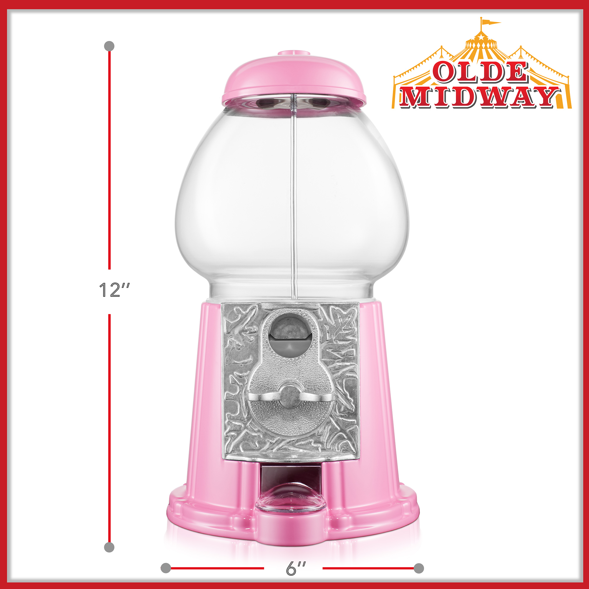 Olde Midway 12" Gumball Machine with Coin Bank - Pink, Vintage Bubble Gum Candy Dispenser