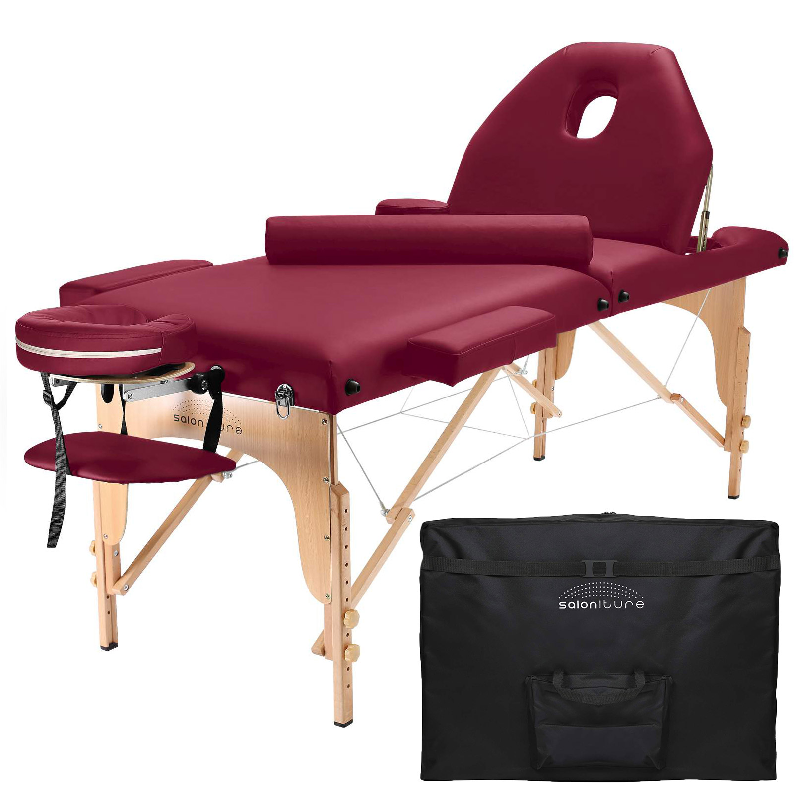 Saloniture Portable Burgundy Massage Table with Bolster and Tilt Backrest