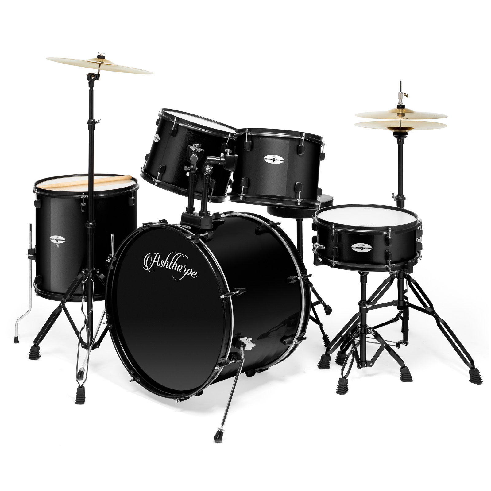 Ashthorpe 5-Piece Black Complete Full Size Pro Adult Drum Set Kit with Genuine Remo Heads