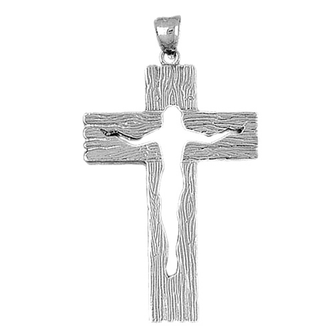 Jewels Obsession 14K White Gold 60mm Jesus Cut Out on Wood Cross Pendant