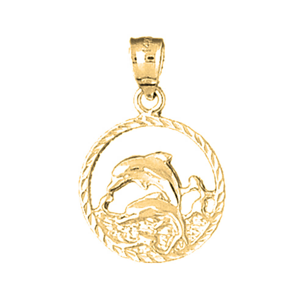 Jewels Obsession 14K Yellow Gold 26mm Dolphins Jumping Through Hoop Pendant