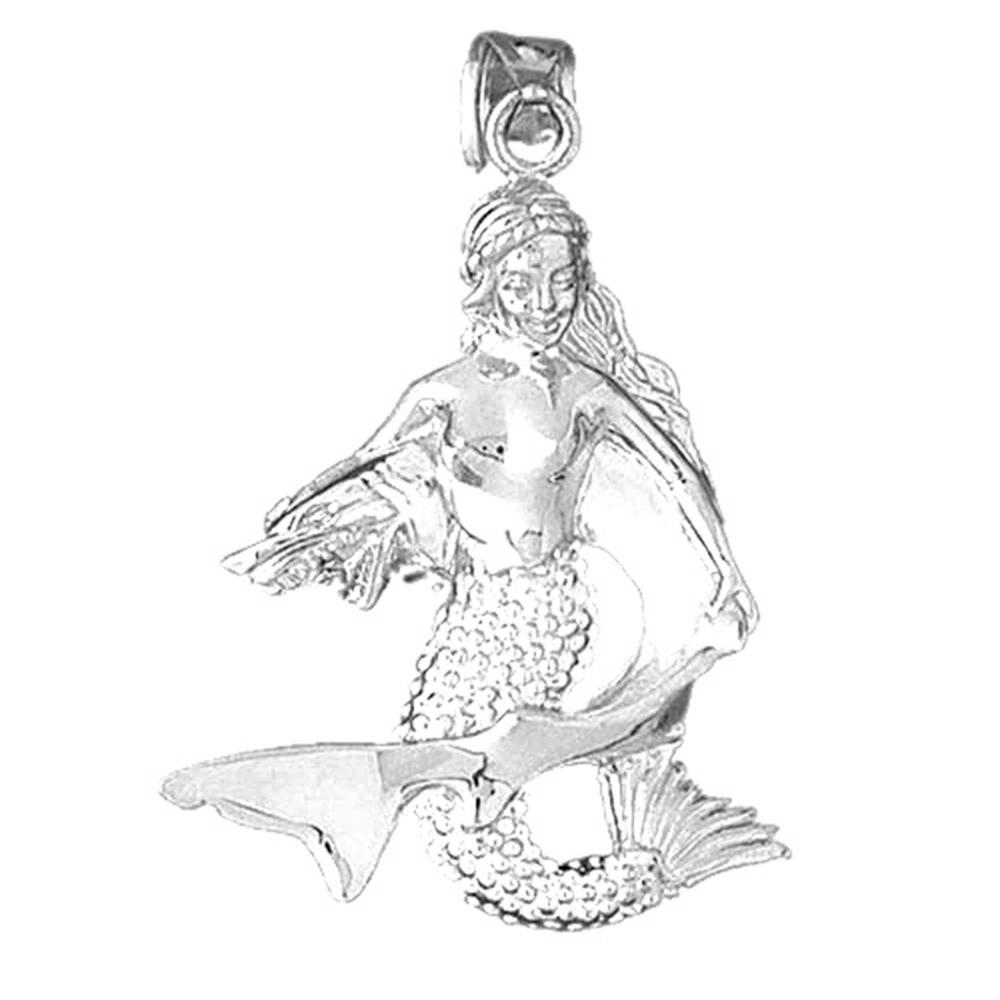 Jewels Obsession 14K White Gold 42mm 3D Mermaid With Shark Pendant